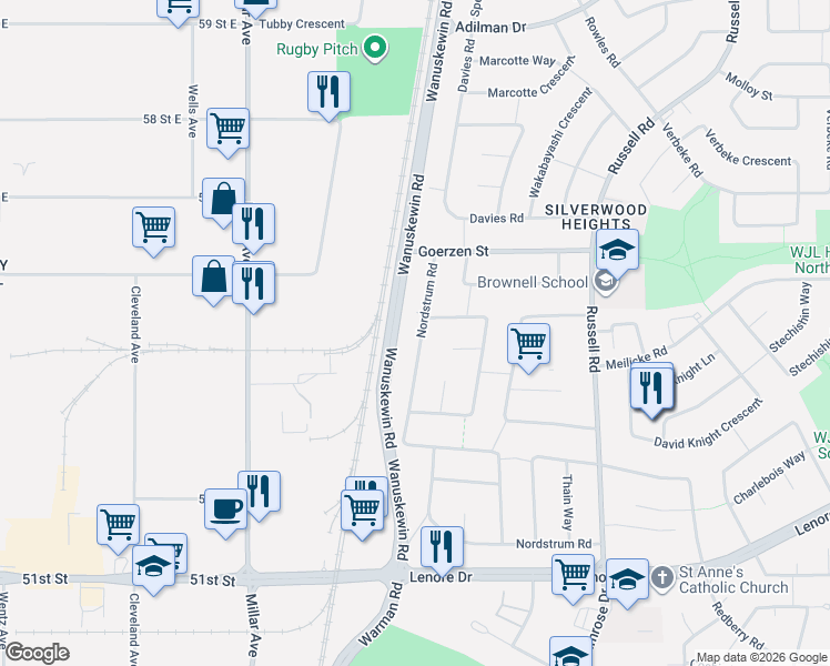 map of restaurants, bars, coffee shops, grocery stores, and more near 558 Nordstrum Road in Saskatoon