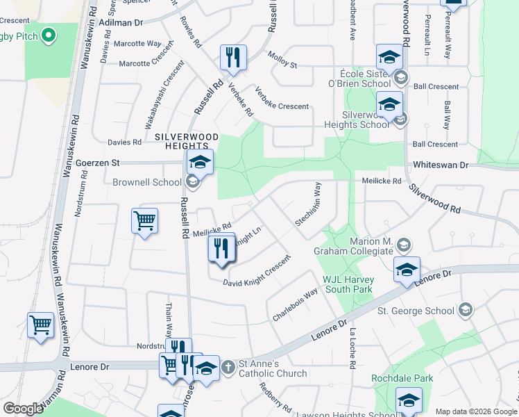 map of restaurants, bars, coffee shops, grocery stores, and more near 363 David Knight Crescent in Saskatoon