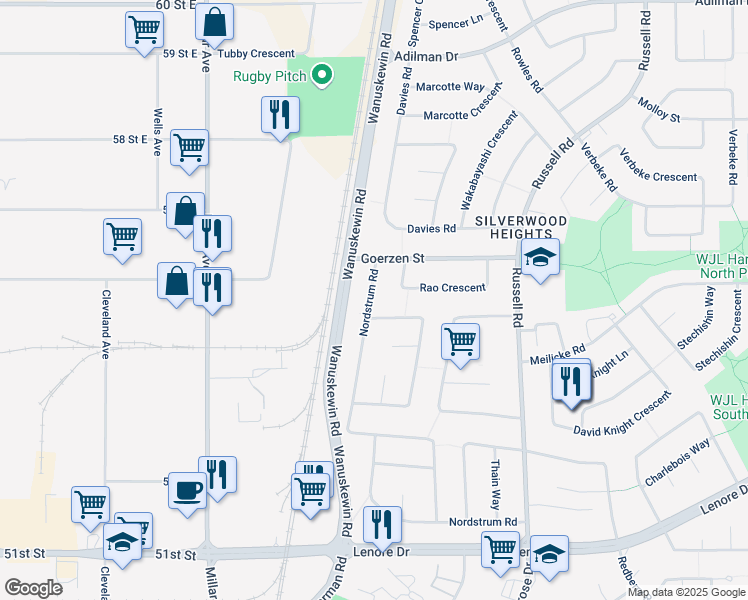 map of restaurants, bars, coffee shops, grocery stores, and more near 558 Nordstrum Road in Saskatoon