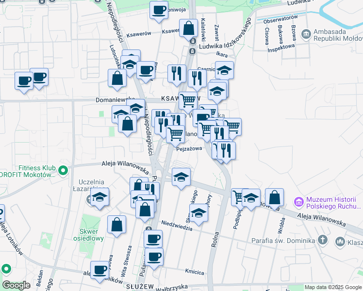 map of restaurants, bars, coffee shops, grocery stores, and more near 145 Puławska in Warszawa