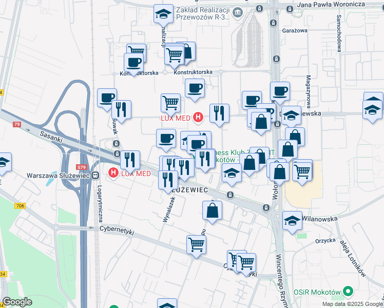 map of restaurants, bars, coffee shops, grocery stores, and more near 17A Postępu in Warszawa