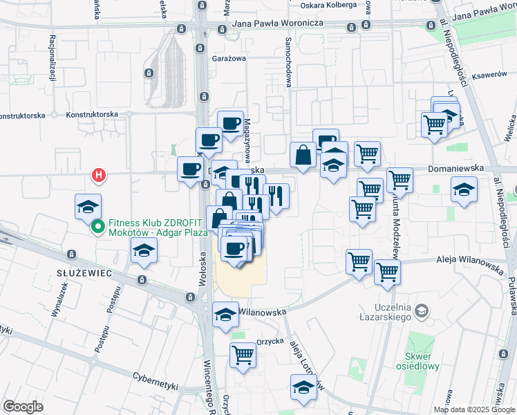 map of restaurants, bars, coffee shops, grocery stores, and more near 39B Domaniewska in Warszawa