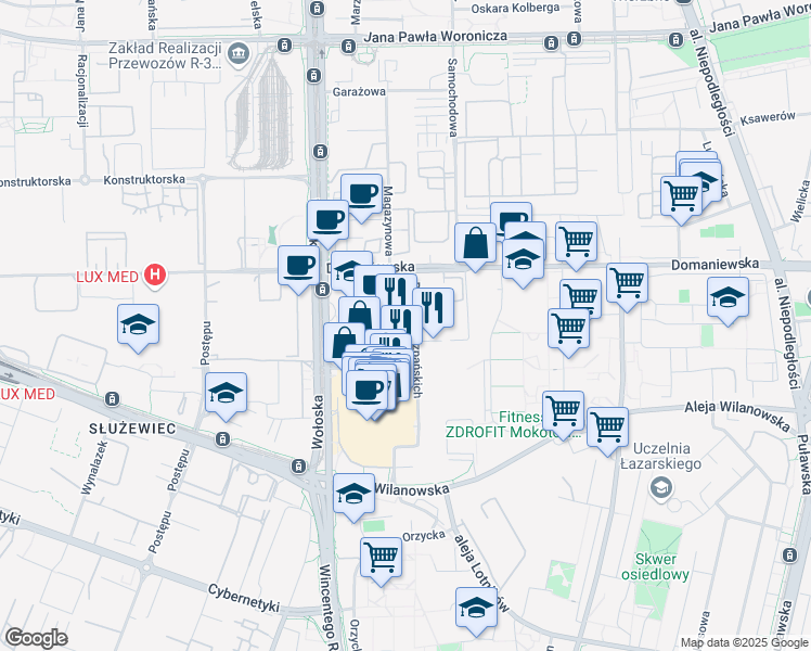 map of restaurants, bars, coffee shops, grocery stores, and more near 39B Domaniewska in Warszawa