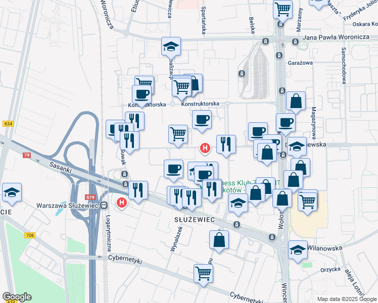map of restaurants, bars, coffee shops, grocery stores, and more near 45 Domaniewska in Warszawa
