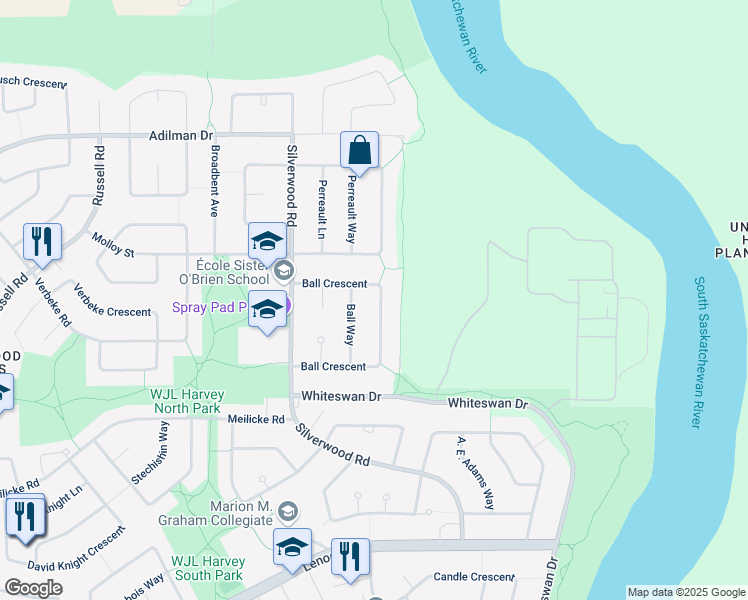 map of restaurants, bars, coffee shops, grocery stores, and more near 242 Ball Crescent in Saskatoon