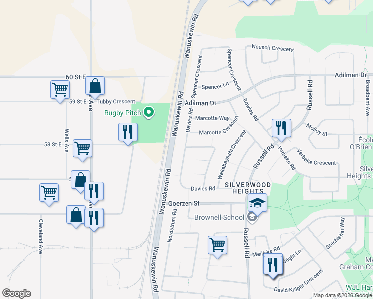 map of restaurants, bars, coffee shops, grocery stores, and more near 246 Davies Road in Saskatoon