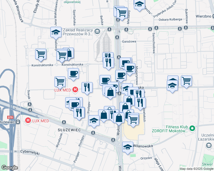 map of restaurants, bars, coffee shops, grocery stores, and more near 42 Domaniewska in Warszawa