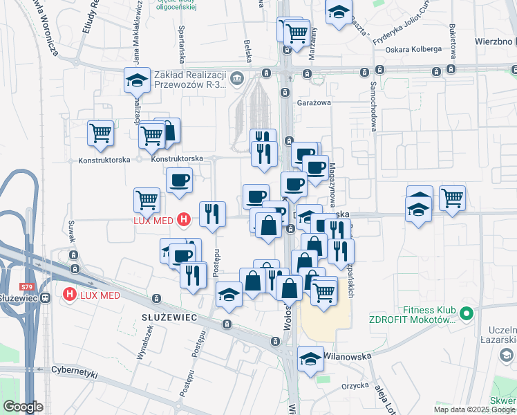 map of restaurants, bars, coffee shops, grocery stores, and more near 42 Domaniewska in Warszawa