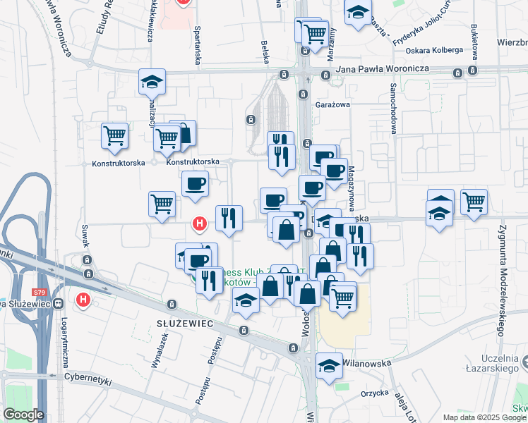 map of restaurants, bars, coffee shops, grocery stores, and more near 44 Domaniewska in Warszawa