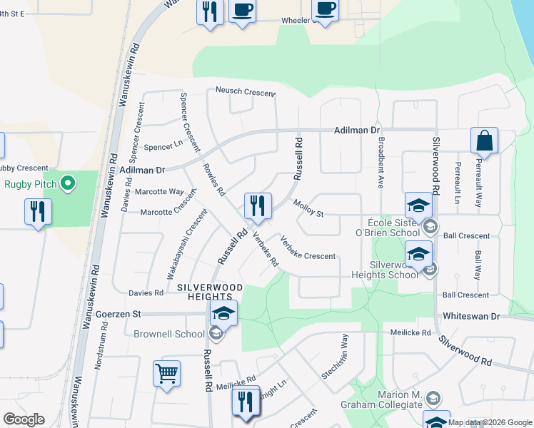 map of restaurants, bars, coffee shops, grocery stores, and more near 451 Russell Road in Saskatoon