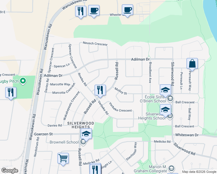 map of restaurants, bars, coffee shops, grocery stores, and more near 451 Russell Road in Saskatoon