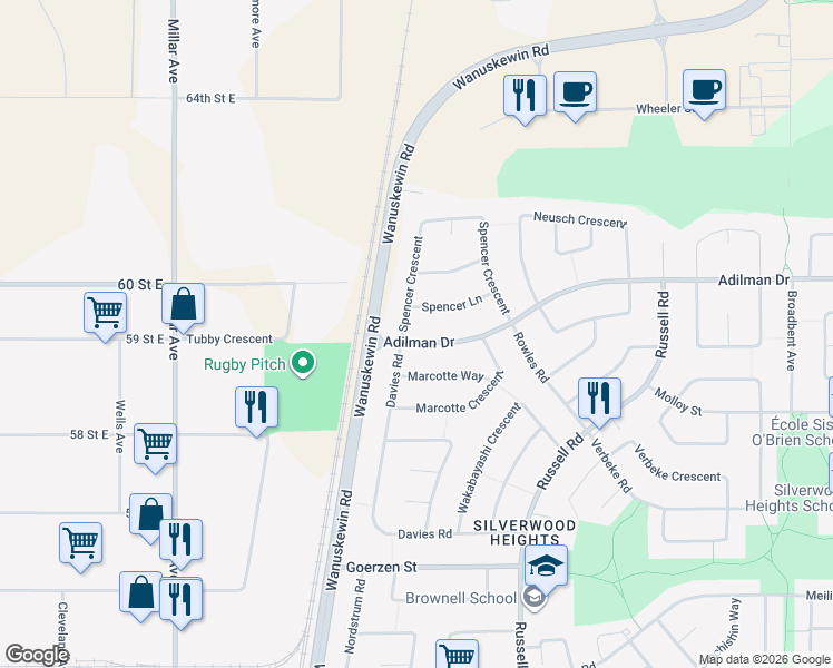 map of restaurants, bars, coffee shops, grocery stores, and more near 106 Adilman Drive in Saskatoon