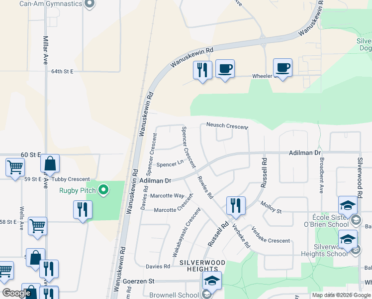 map of restaurants, bars, coffee shops, grocery stores, and more near Spencer Crescent in Saskatoon