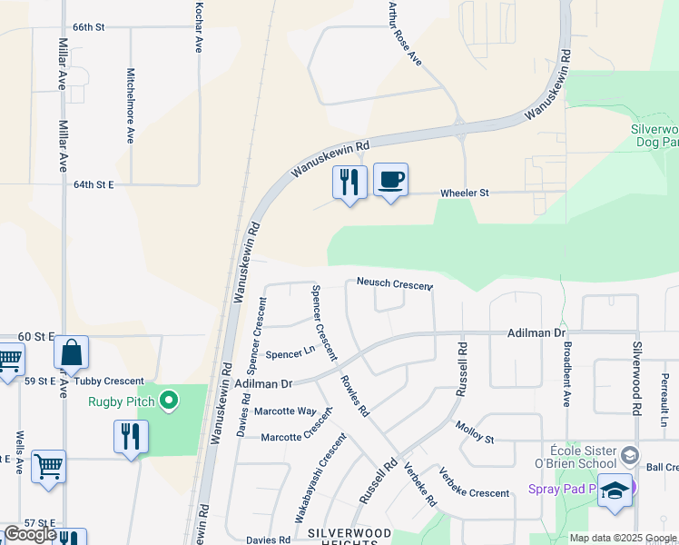 map of restaurants, bars, coffee shops, grocery stores, and more near 155 Neusch Crescent in Saskatoon