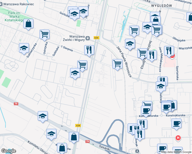 map of restaurants, bars, coffee shops, grocery stores, and more near 18 Żwirki i Wigury in Warszawa