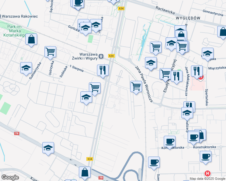map of restaurants, bars, coffee shops, grocery stores, and more near 18 Żwirki i Wigury in Warszawa