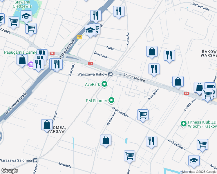 map of restaurants, bars, coffee shops, grocery stores, and more near 80/98 Krakowiaków in Warszawa