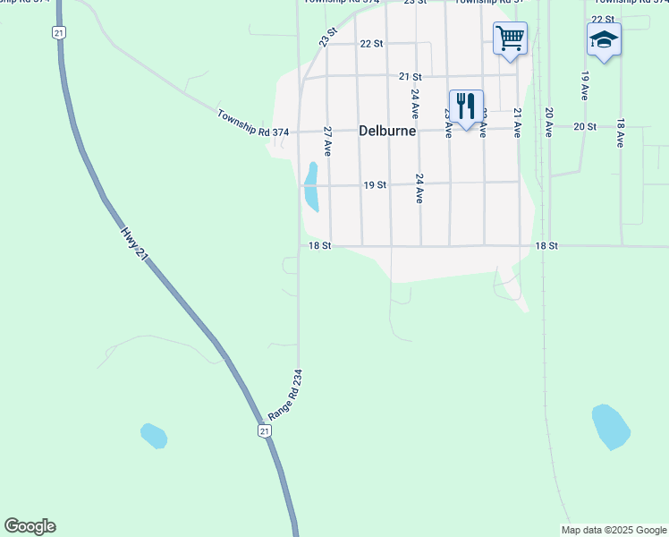 map of restaurants, bars, coffee shops, grocery stores, and more near 2611 18 Street in Delburne