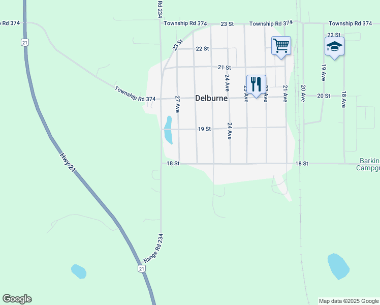 map of restaurants, bars, coffee shops, grocery stores, and more near 2611 18 Street in Delburne