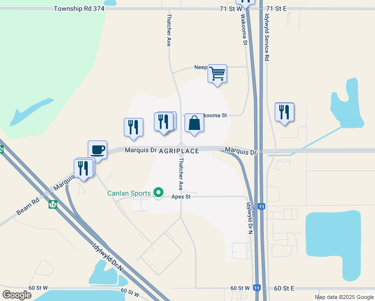 map of restaurants, bars, coffee shops, grocery stores, and more near 103 Marquis Drive in Saskatoon