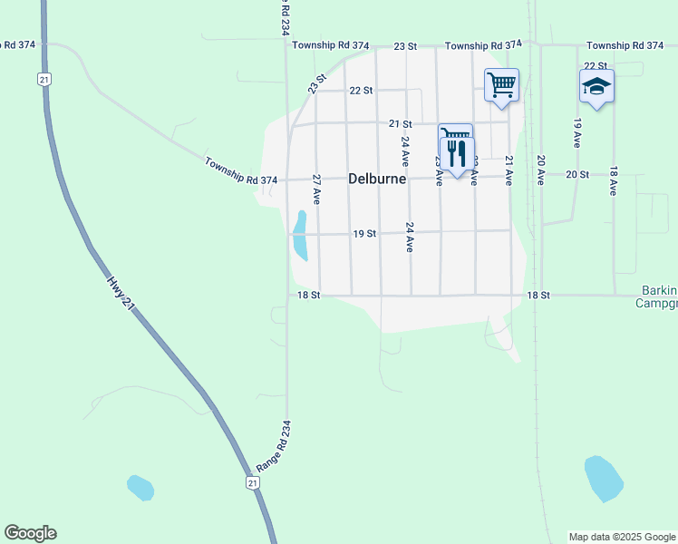 map of restaurants, bars, coffee shops, grocery stores, and more near 2611 18 Street in Delburne