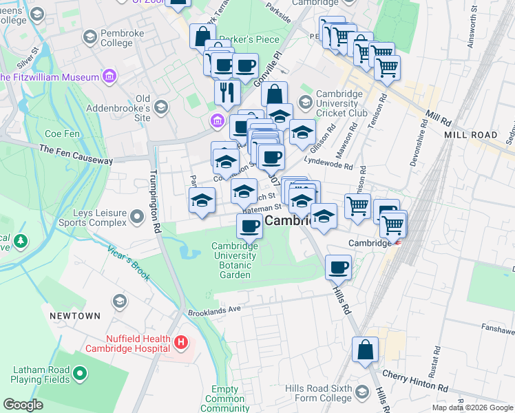 map of restaurants, bars, coffee shops, grocery stores, and more near 11 Bateman Street in Cambridgeshire