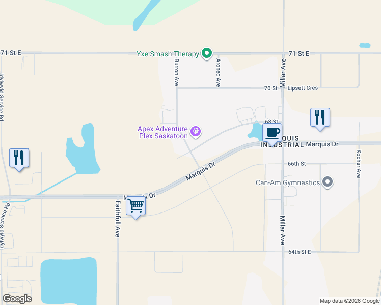 map of restaurants, bars, coffee shops, grocery stores, and more near Burron Avenue in Saskatoon