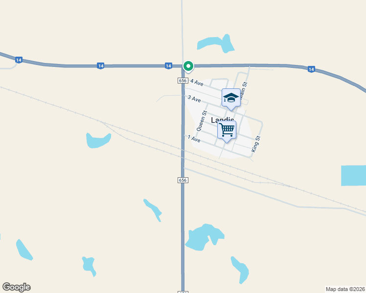 map of restaurants, bars, coffee shops, grocery stores, and more near Saskatchewan 656 in Landis