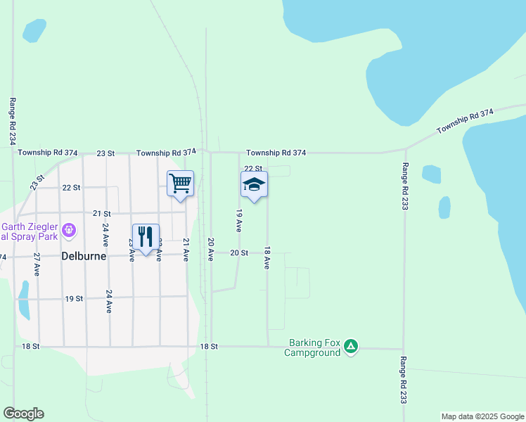 map of restaurants, bars, coffee shops, grocery stores, and more near 2052 21 Street in Delburne