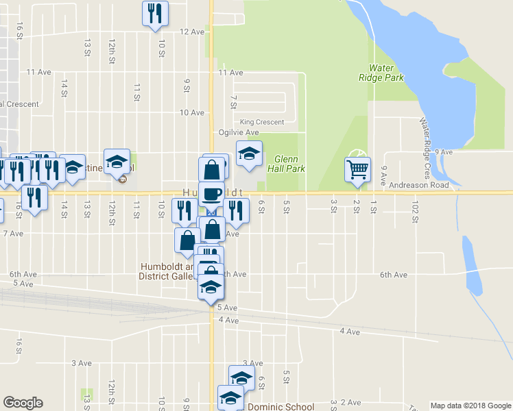 map of restaurants, bars, coffee shops, grocery stores, and more near 731 6 Street in Humboldt