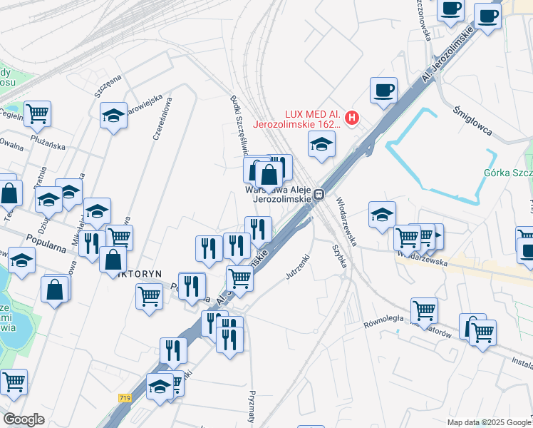 map of restaurants, bars, coffee shops, grocery stores, and more near 4 Daimlera in Warszawa