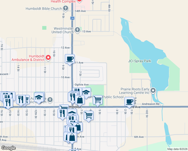 map of restaurants, bars, coffee shops, grocery stores, and more near 42 King Crescent in Humboldt