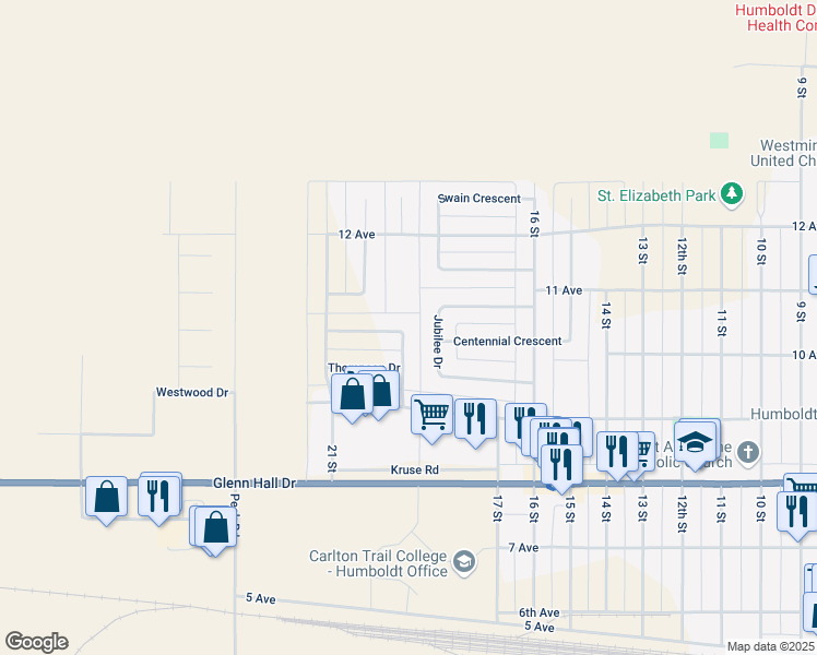 map of restaurants, bars, coffee shops, grocery stores, and more near 24 Barnes Crescent in Humboldt