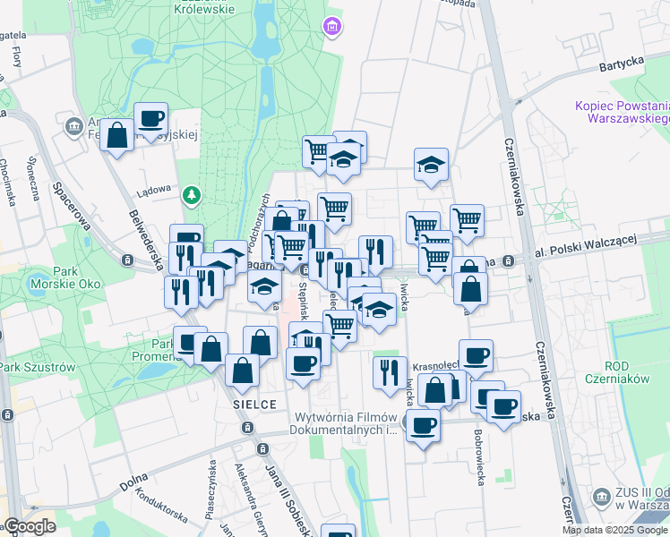 map of restaurants, bars, coffee shops, grocery stores, and more near in Warsaw
