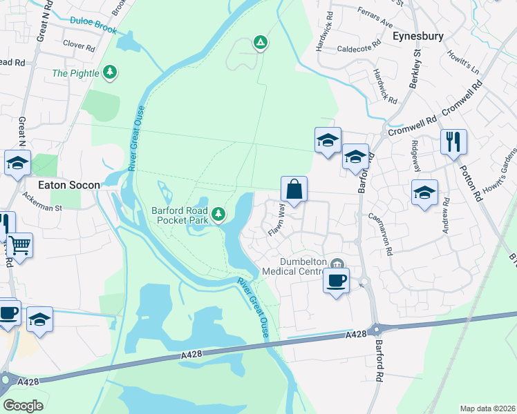 map of restaurants, bars, coffee shops, grocery stores, and more near in Eynesbury