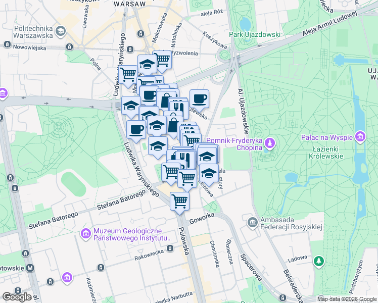 map of restaurants, bars, coffee shops, grocery stores, and more near 6 Marszałkowska in Warszawa