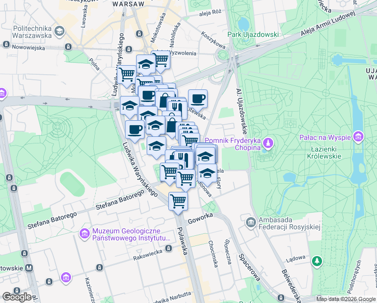 map of restaurants, bars, coffee shops, grocery stores, and more near 6 Marszałkowska in Warszawa