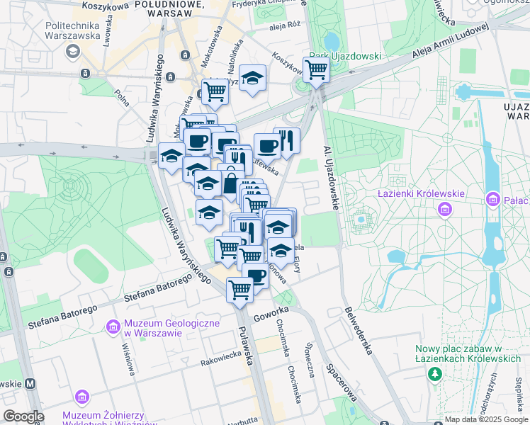 map of restaurants, bars, coffee shops, grocery stores, and more near 7 Aleja J. Ch. Szucha in Warszawa
