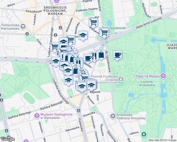 map of restaurants, bars, coffee shops, grocery stores, and more near 17 aleja Jana Chrystiana Szucha in Warszawa