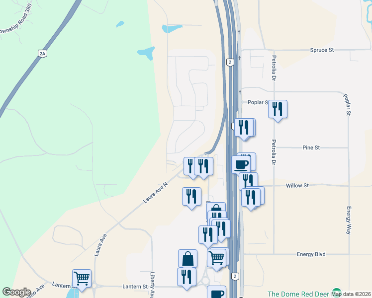 map of restaurants, bars, coffee shops, grocery stores, and more near 517 England Way in Penhold