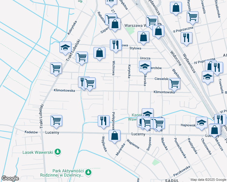 map of restaurants, bars, coffee shops, grocery stores, and more near Klimontowska in Warszawa