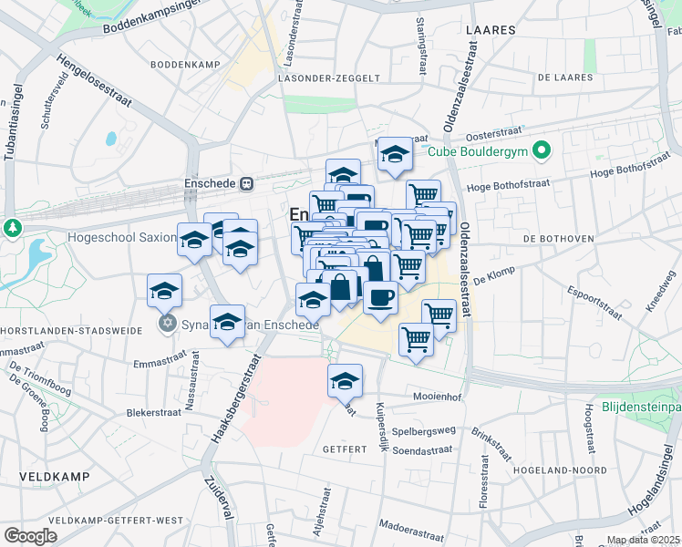 map of restaurants, bars, coffee shops, grocery stores, and more near 41 Walstraat in Enschede