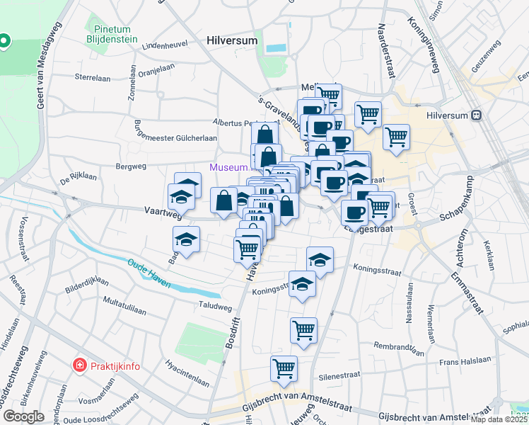 map of restaurants, bars, coffee shops, grocery stores, and more near 33 Vaartweg in Hilversum