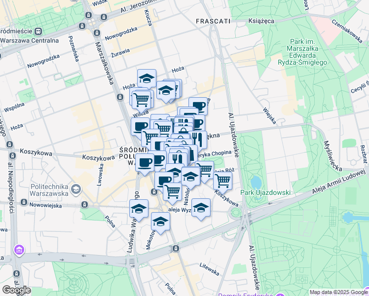 map of restaurants, bars, coffee shops, grocery stores, and more near 45 Mokotowska in Warsaw