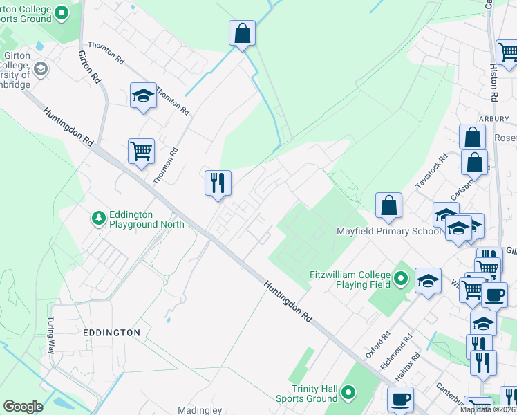 map of restaurants, bars, coffee shops, grocery stores, and more near Lawrence Weaver Road in Cambridgeshire