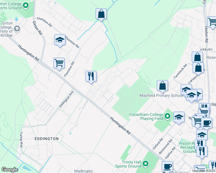 map of restaurants, bars, coffee shops, grocery stores, and more near Lawrence Weaver Road in Cambridgeshire