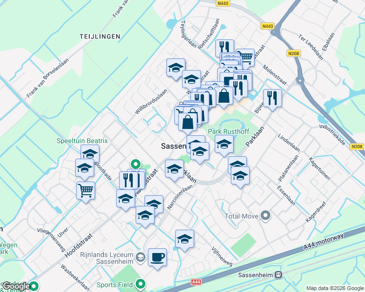 map of restaurants, bars, coffee shops, grocery stores, and more near  in Sassenheim