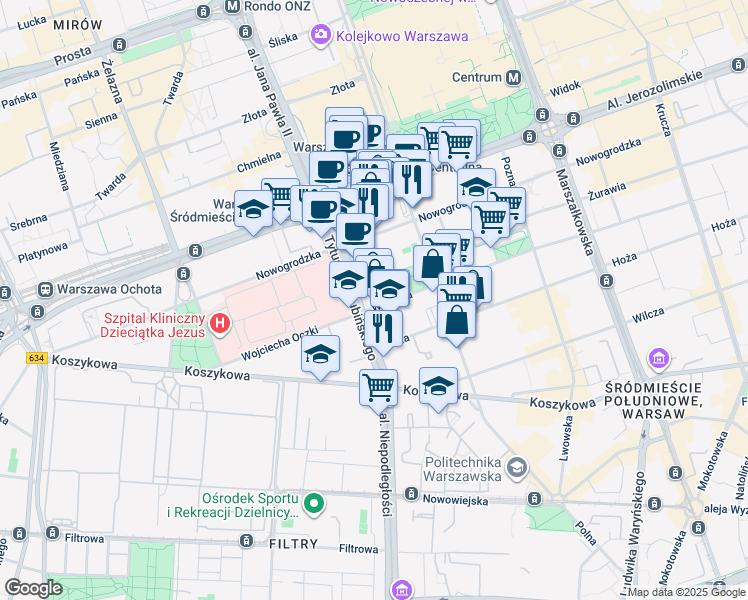 map of restaurants, bars, coffee shops, grocery stores, and more near 72 Wspólna in Warsaw