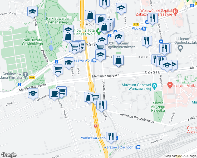 map of restaurants, bars, coffee shops, grocery stores, and more near Marcina Kasprzaka in Warszawa