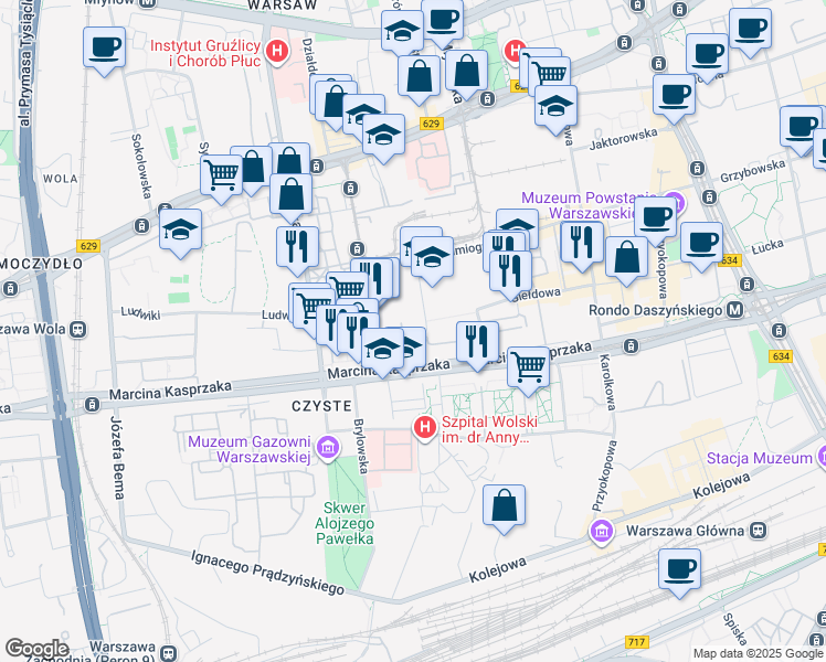 map of restaurants, bars, coffee shops, grocery stores, and more near 10a Skierniewicka in Warszawa